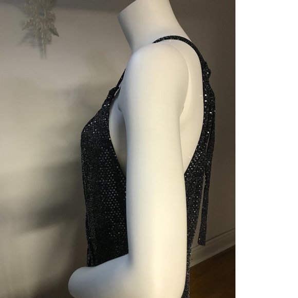 Le Chateau Black Silver Metallic Payette Maxi Gala Dress Gown  Wedding Slit NWT - Picture 6 of 9